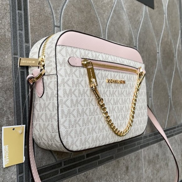 Michael Kors Jet Set Item Large East West Zip Chain Crossbody Powder Blush Multi - Picture 2 of 16